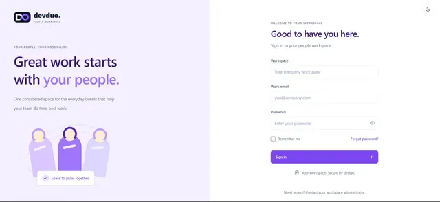 DevDuo HRM sign-in screen: a people workspace with the headline Great work starts with your people and a form for workspace, work email and password