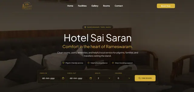 Hotel Sai Saran website home page: dark gold design with the line Comfort in the heart of Rameswaram and a Find Rooms search for check-in, check-out, adults and children