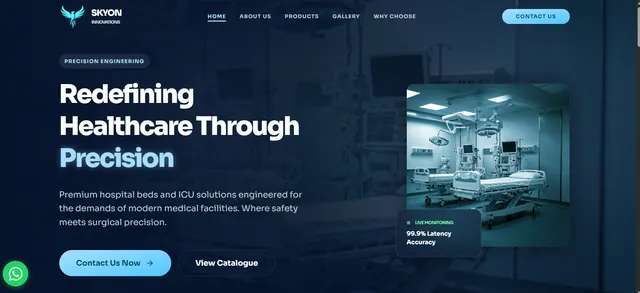 Skyon Innovations website home page: dark blue hero reading Redefining Healthcare Through Precision, with an operation theatre photo, Contact Us Now and View Catalogue buttons